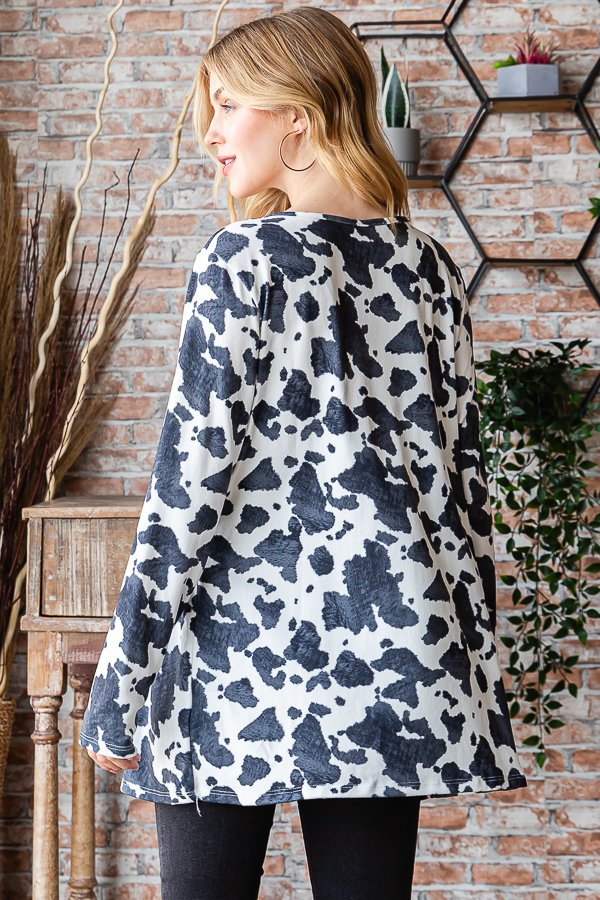 CHARCOAL/IVORY ANIMAL PRINT RUFFLED DETAILED PLUS SIZE TOP HMST2103-12-PLUS