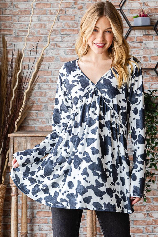 CHARCOAL/IVORY ANIMAL PRINT RUFFLED DETAILED PLUS SIZE TOP HMST2103-12-PLUS