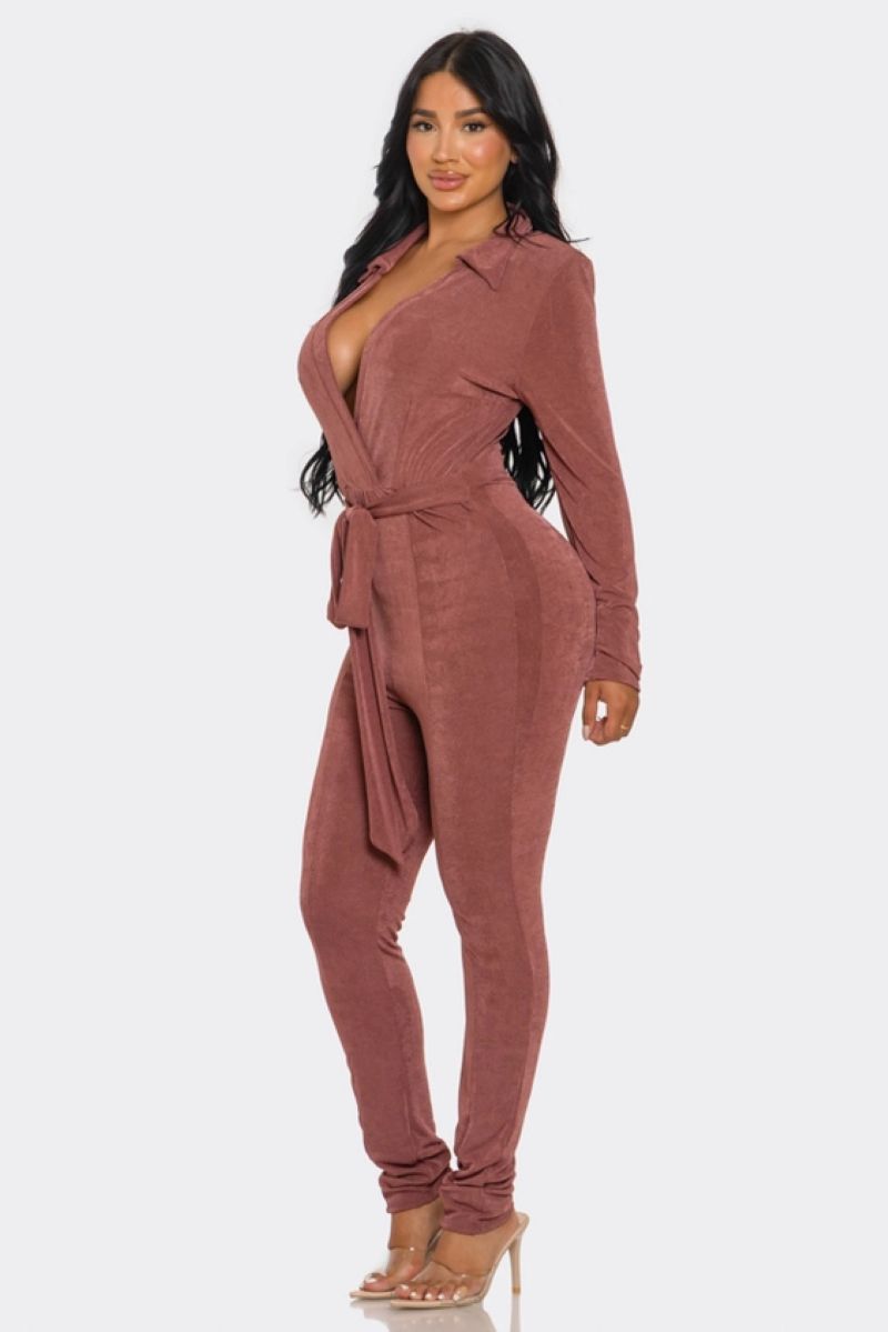 MARSALA V-NECK TIE-WAIST LONG SLEEVES JUMPSUIT SHP9639J