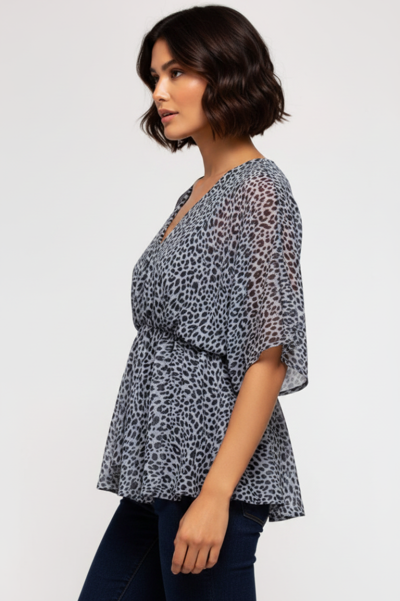 BLUE GREY ANIMAL PRINT WIDE SLEEVES ELASTIC WAIST WOVEN TOP SKSS6405.