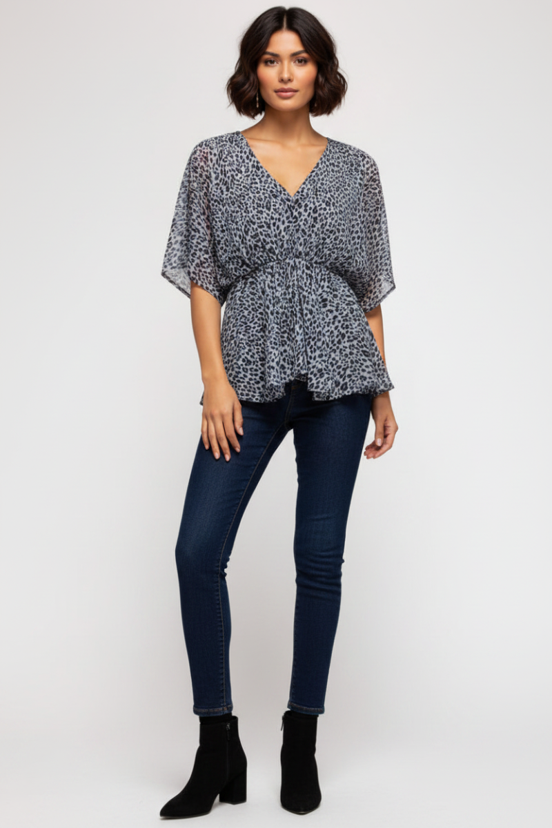 BLUE GREY ANIMAL PRINT WIDE SLEEVES ELASTIC WAIST WOVEN TOP SKSS6405.
