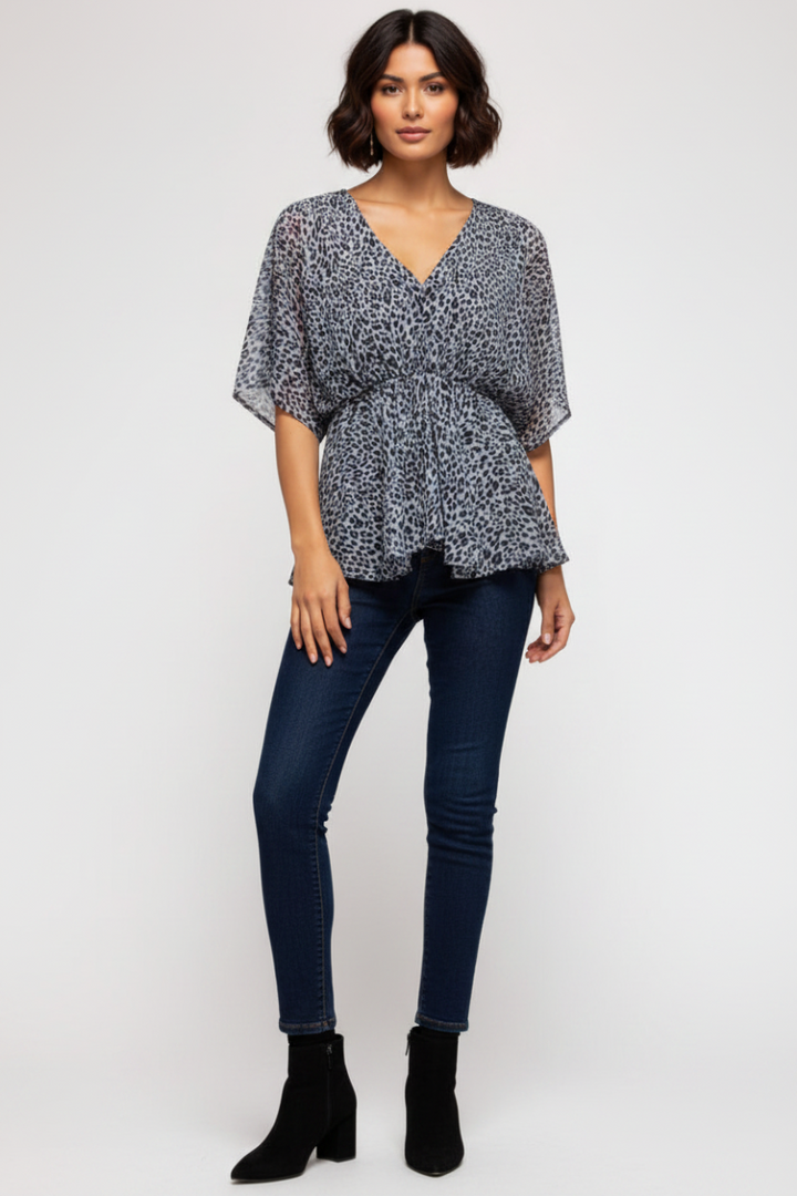 BLUE GREY ANIMAL PRINT WIDE SLEEVES ELASTIC WAIST WOVEN TOP SKSS6405.