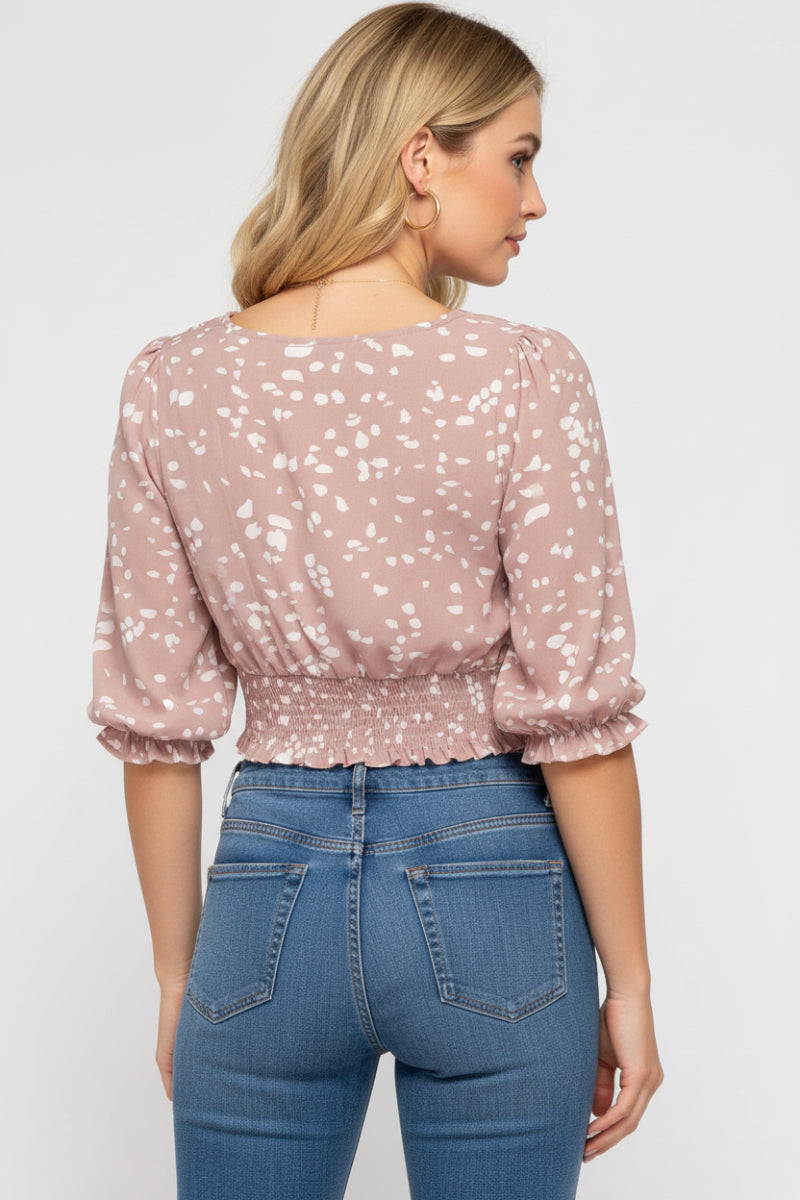 MISTY BLUE PRINTED 3/4 SLEEVES SMOCKED WAISTBAND WOVEN TOP.