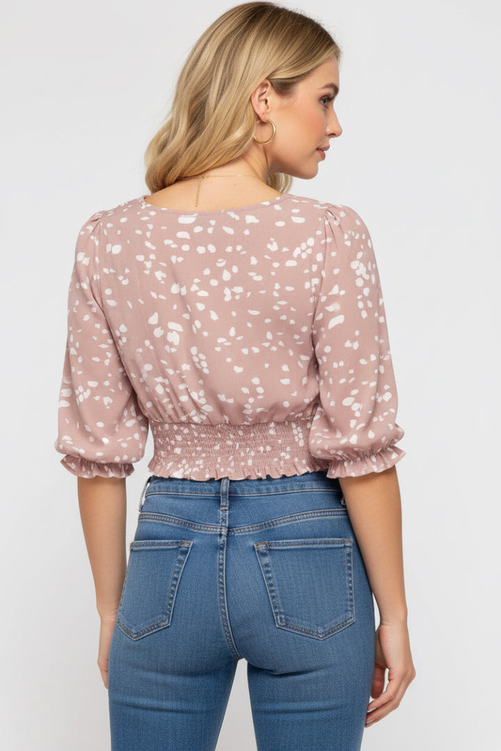 MISTY BLUE PRINTED 3/4 SLEEVES SMOCKED WAISTBAND WOVEN TOP.