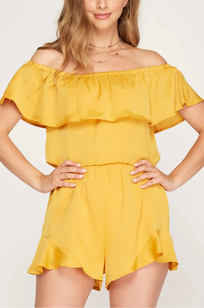 FOREST GREEN RUFFLED OFF SHOULDER SATIN ROMPER