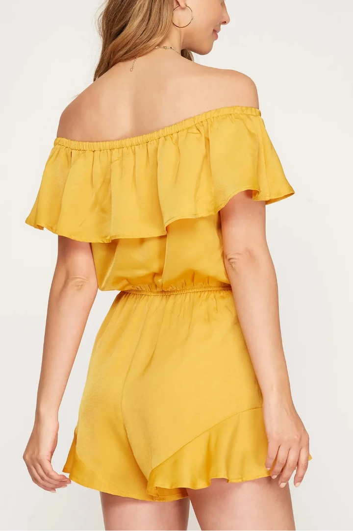 FOREST GREEN RUFFLED OFF SHOULDER SATIN ROMPER