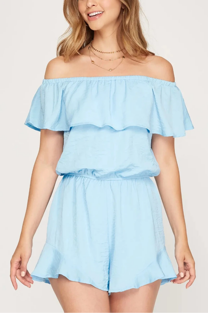FOREST GREEN RUFFLED OFF SHOULDER SATIN ROMPER