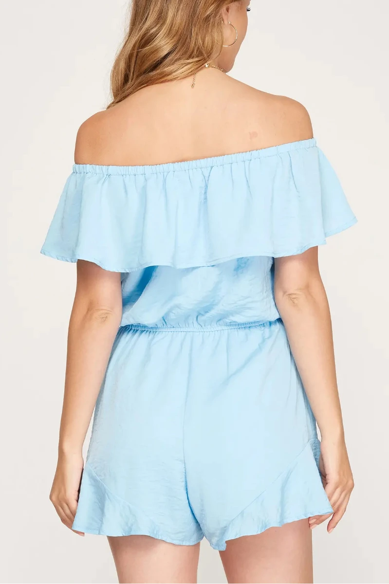 FOREST GREEN RUFFLED OFF SHOULDER SATIN ROMPER