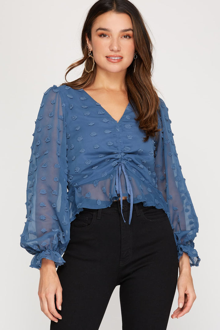 SWISS DOTS LONG SLEEVES DRAWSTRING FRONT WOVEN TOP