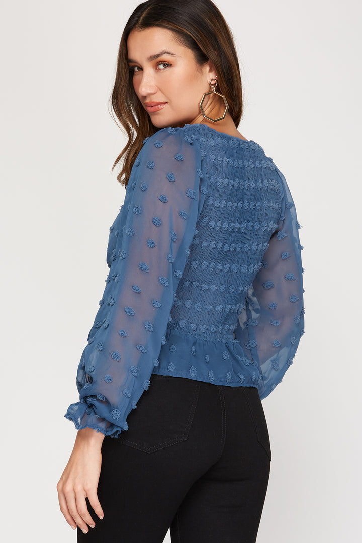 SWISS DOTS LONG SLEEVES DRAWSTRING FRONT WOVEN TOP