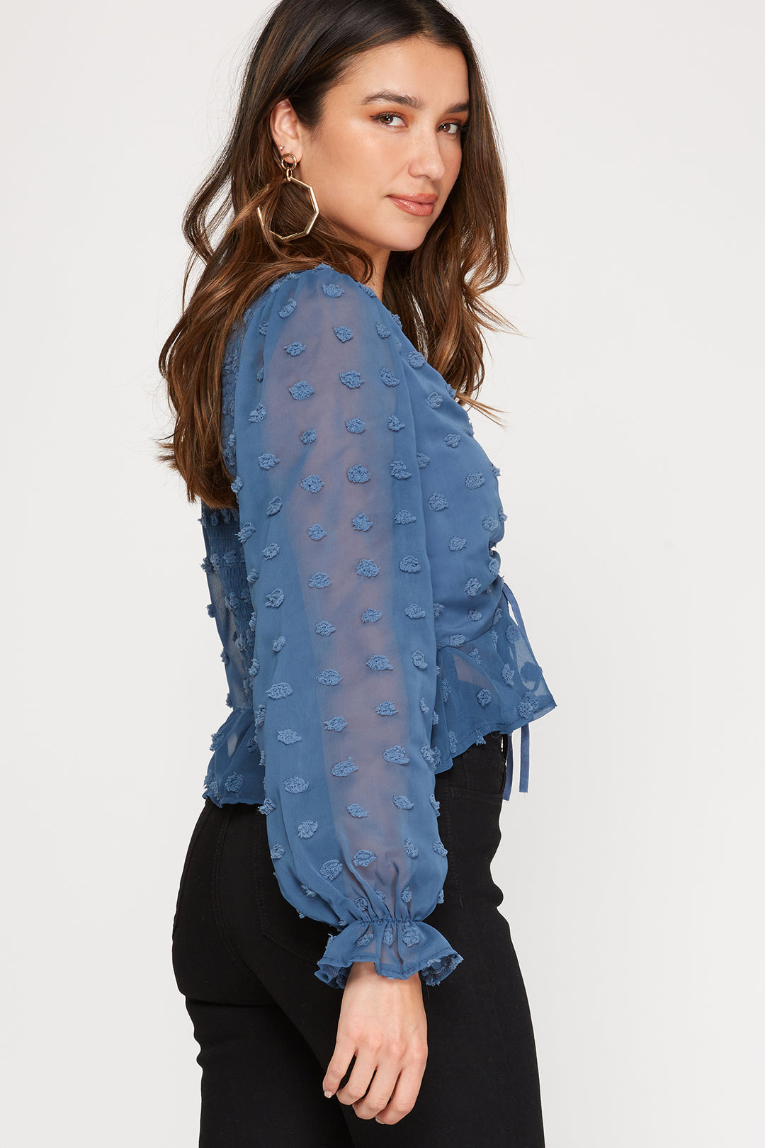 SWISS DOTS LONG SLEEVES DRAWSTRING FRONT WOVEN TOP