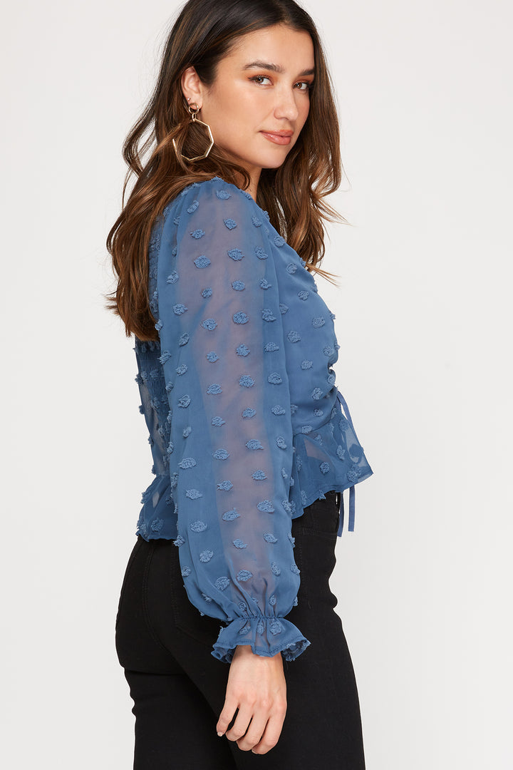 SWISS DOTS LONG SLEEVES DRAWSTRING FRONT WOVEN TOP