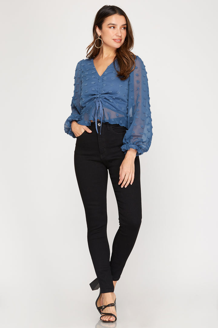 SWISS DOTS LONG SLEEVES DRAWSTRING FRONT WOVEN TOP