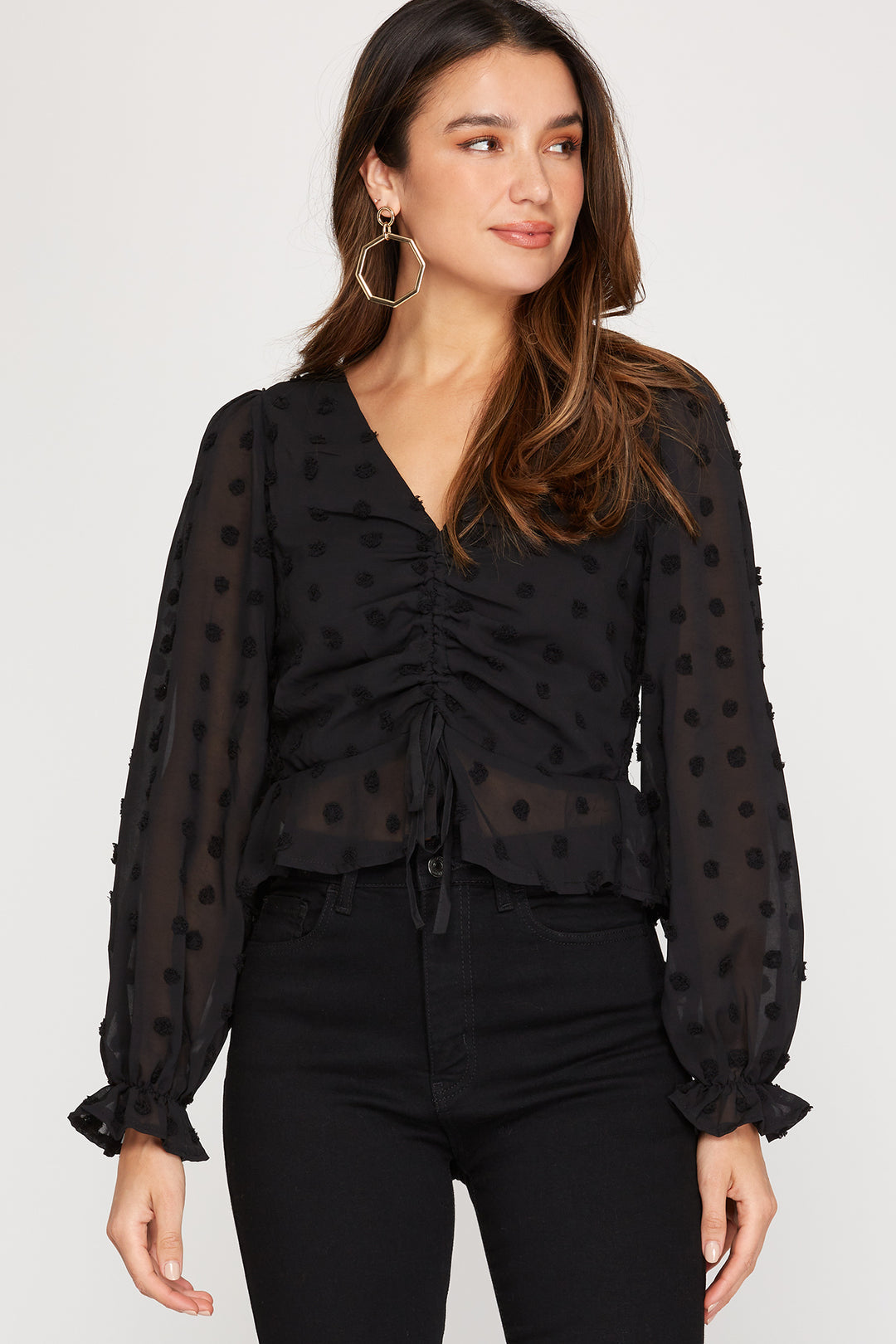 SWISS DOTS LONG SLEEVES DRAWSTRING FRONT WOVEN TOP