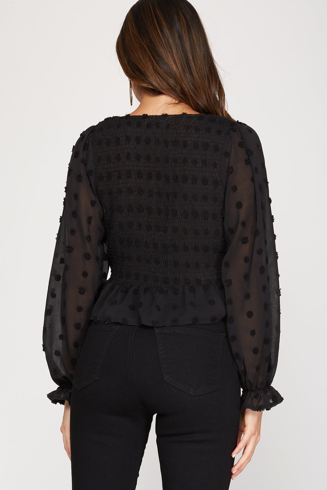 SWISS DOTS LONG SLEEVES DRAWSTRING FRONT WOVEN TOP
