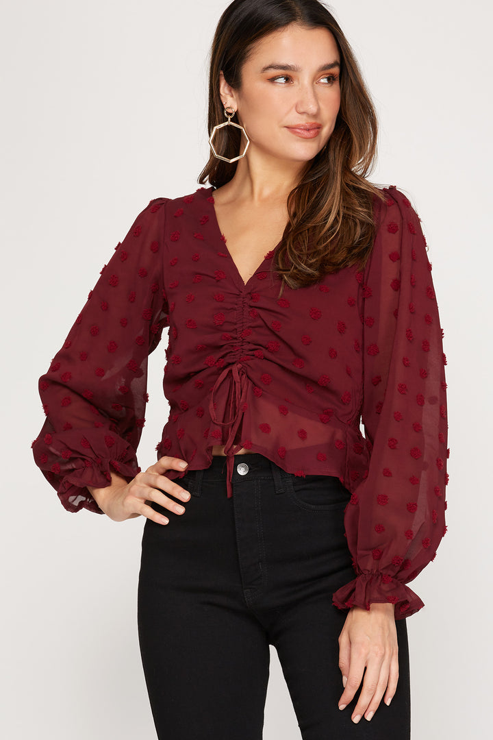 SWISS DOTS LONG SLEEVES DRAWSTRING FRONT WOVEN TOP