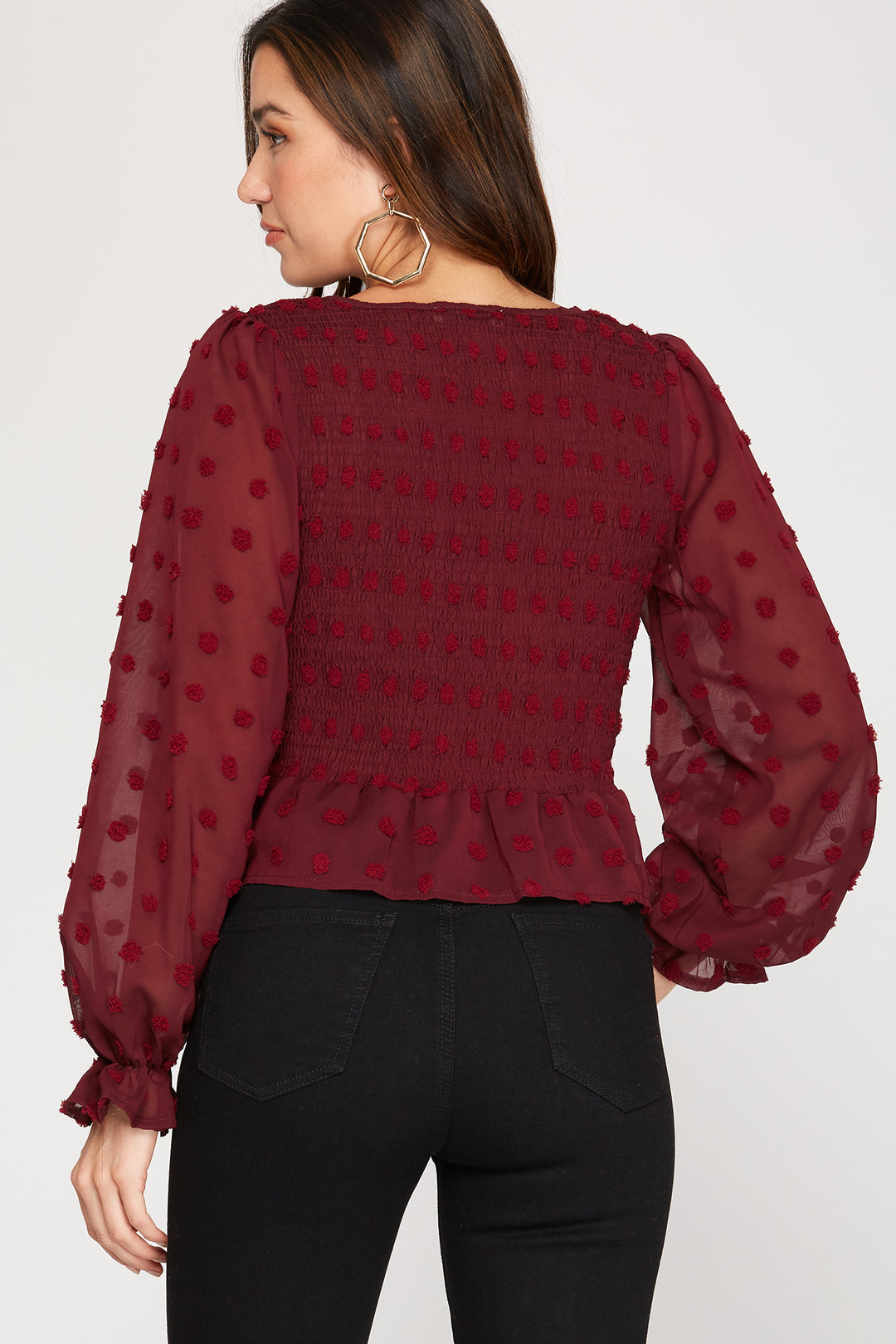 SWISS DOTS LONG SLEEVES DRAWSTRING FRONT WOVEN TOP