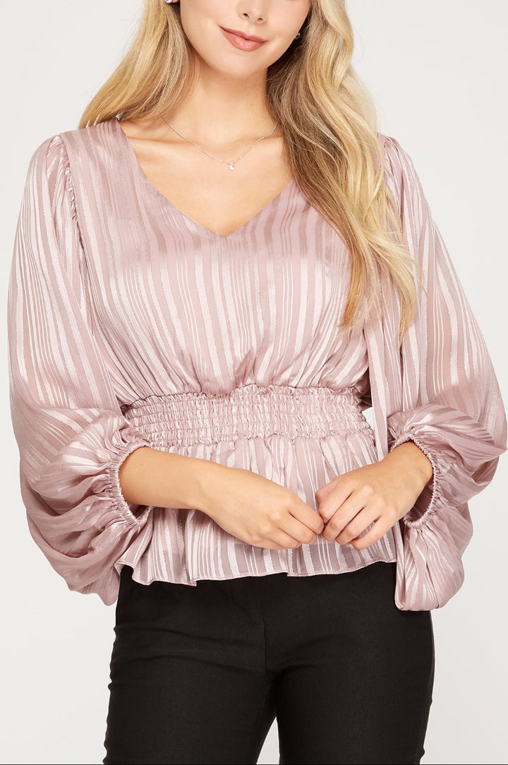 STRIPED JACQUARD SMOCKED WOVEN TOP SkSS7908