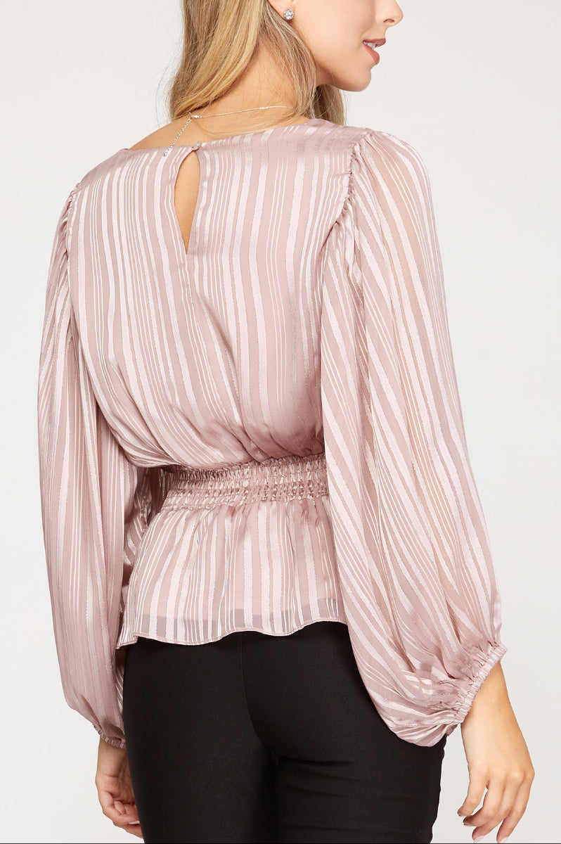 STRIPED JACQUARD SMOCKED WOVEN TOP SkSS7908