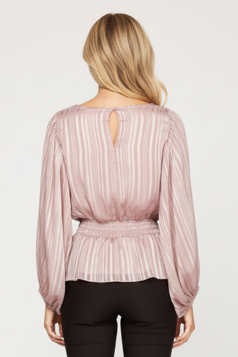 STRIPED JACQUARD SMOCKED WOVEN TOP SKSS7908-