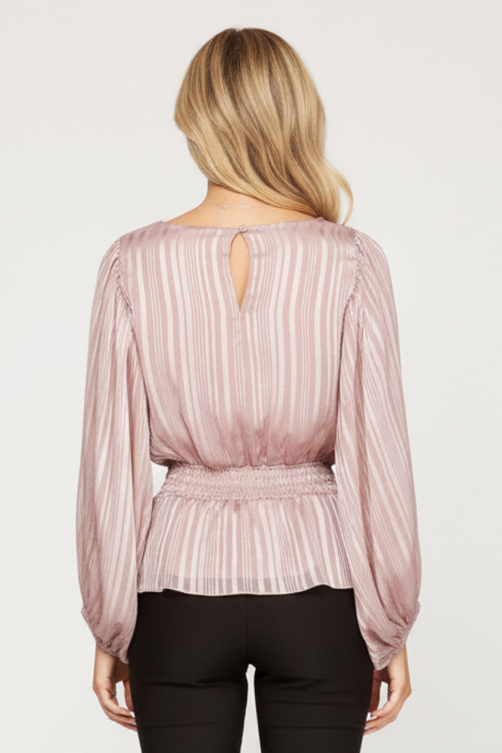 STRIPED JACQUARD SMOCKED WOVEN TOP SKSS7908-
