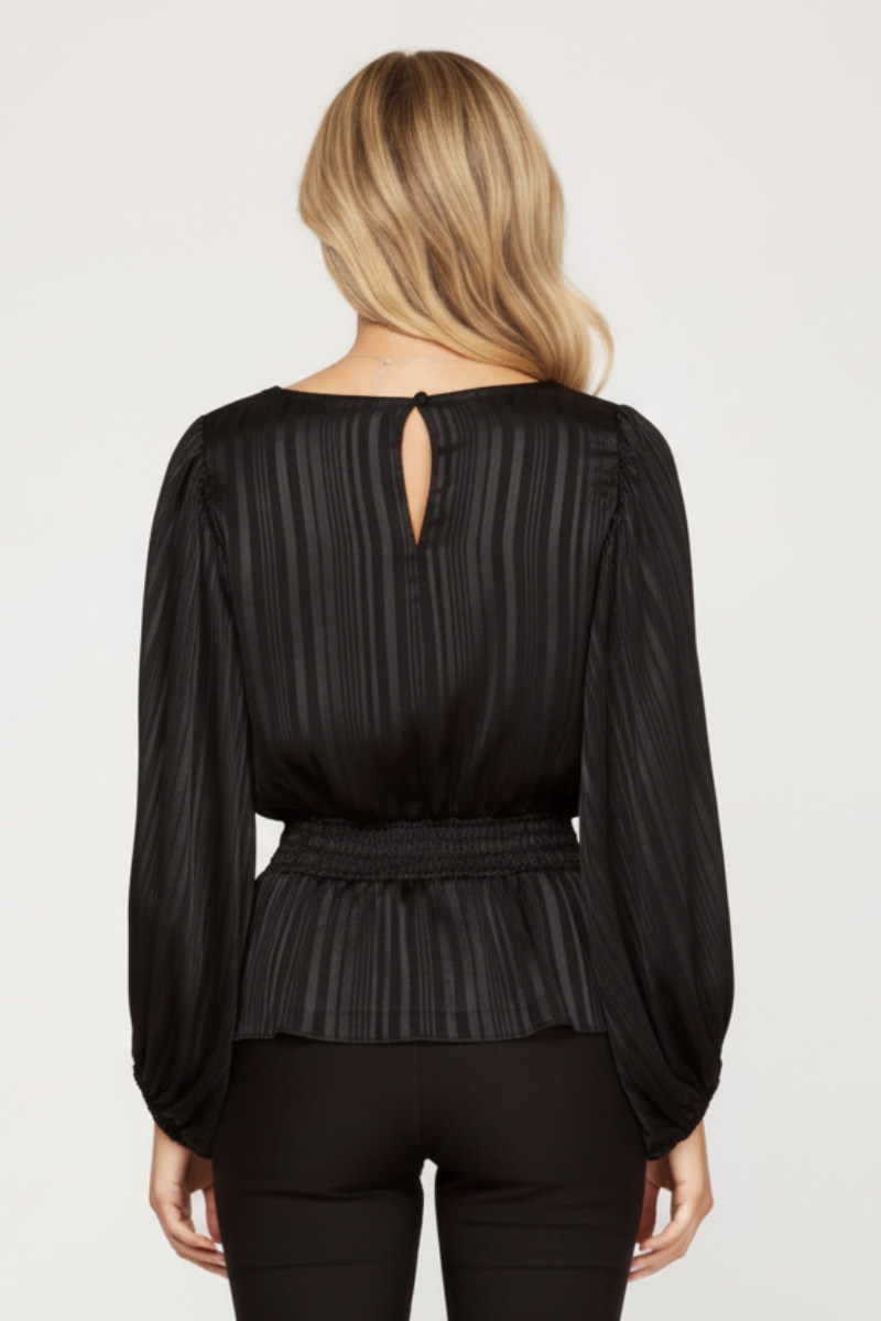STRIPED JACQUARD SMOCKED WOVEN TOP SKSS7908-