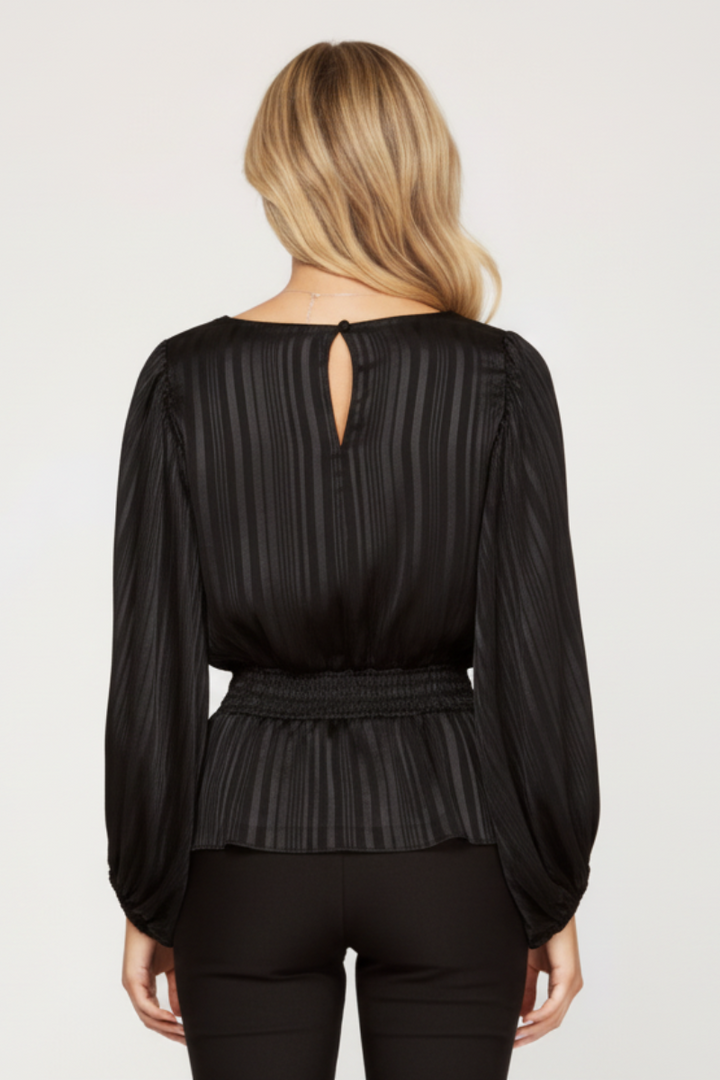 STRIPED JACQUARD SMOCKED WOVEN TOP SKSS7908-