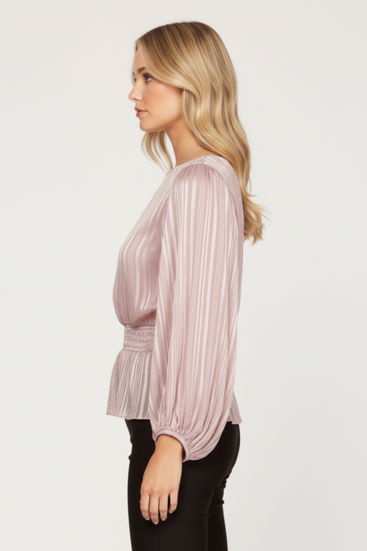 STRIPED JACQUARD SMOCKED WOVEN TOP SKSS7908-