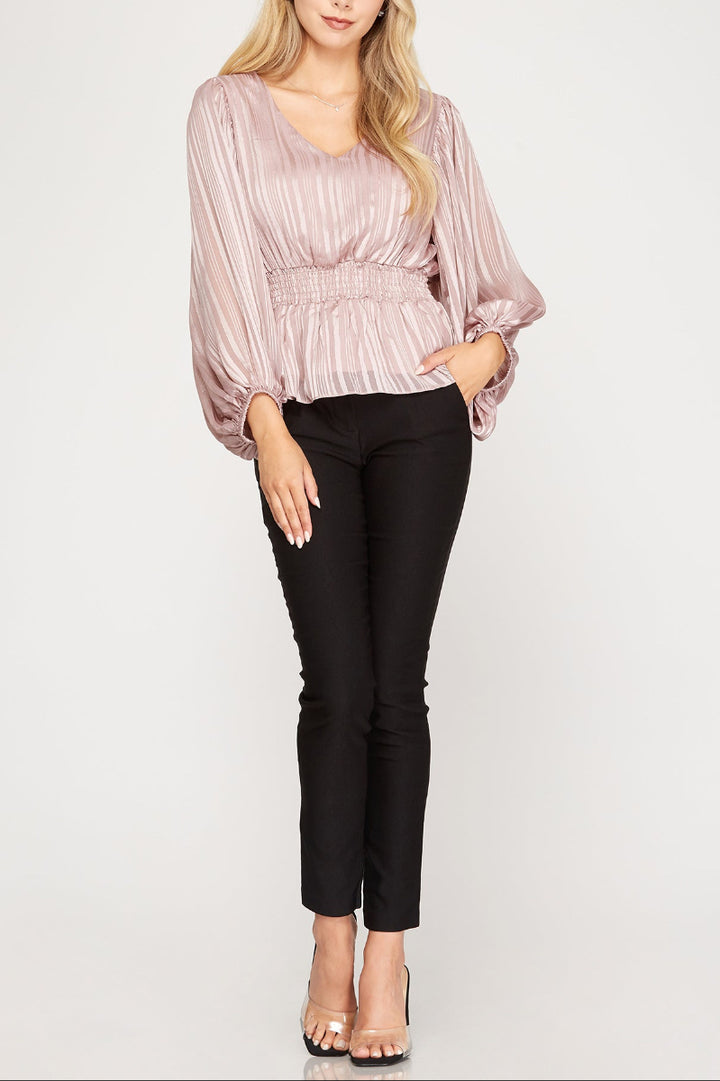 STRIPED JACQUARD SMOCKED WOVEN TOP SkSS7908