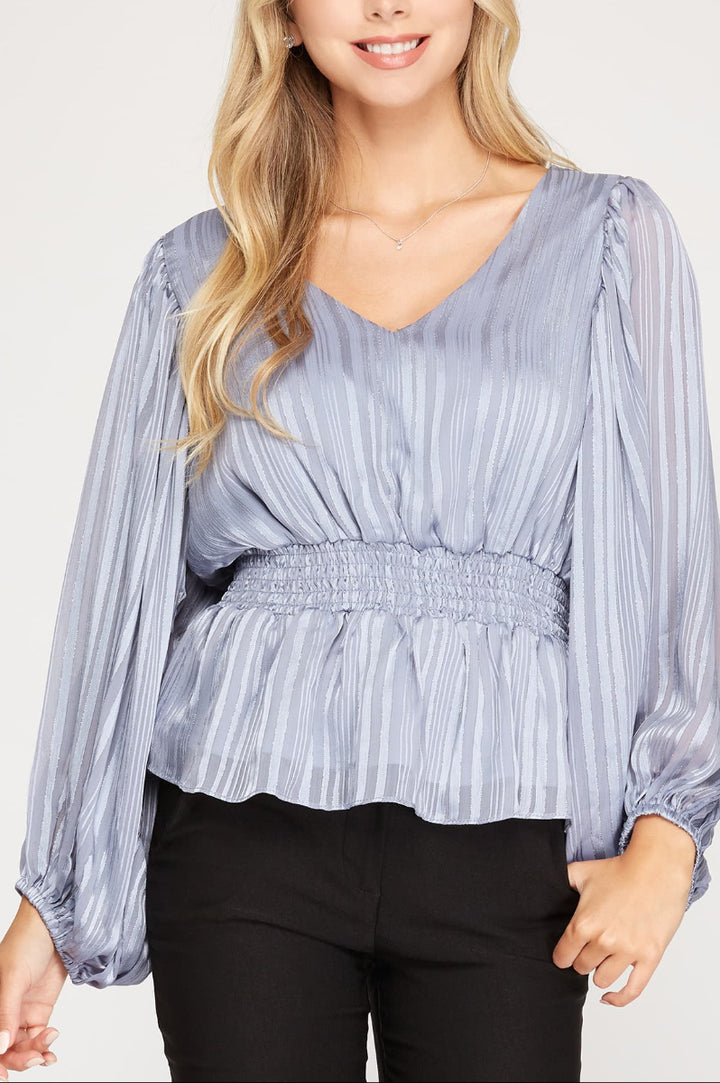 STRIPED JACQUARD SMOCKED WOVEN TOP SkSS7908
