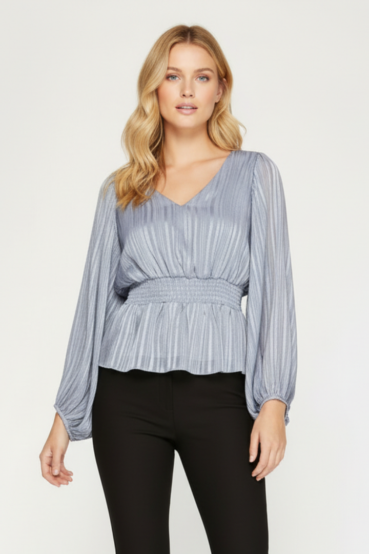 STRIPED JACQUARD SMOCKED WOVEN TOP SKSS7908-