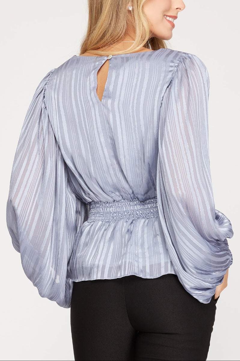 STRIPED JACQUARD SMOCKED WOVEN TOP SkSS7908