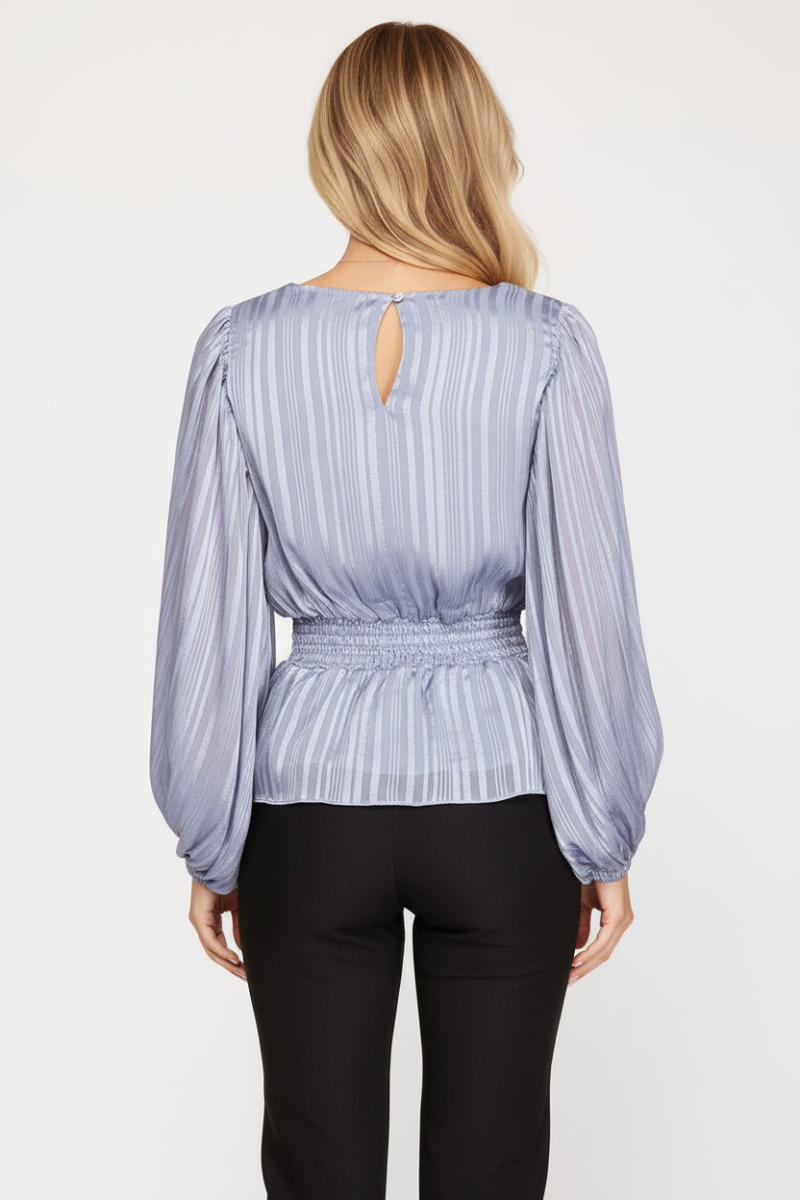 STRIPED JACQUARD SMOCKED WOVEN TOP SKSS7908-