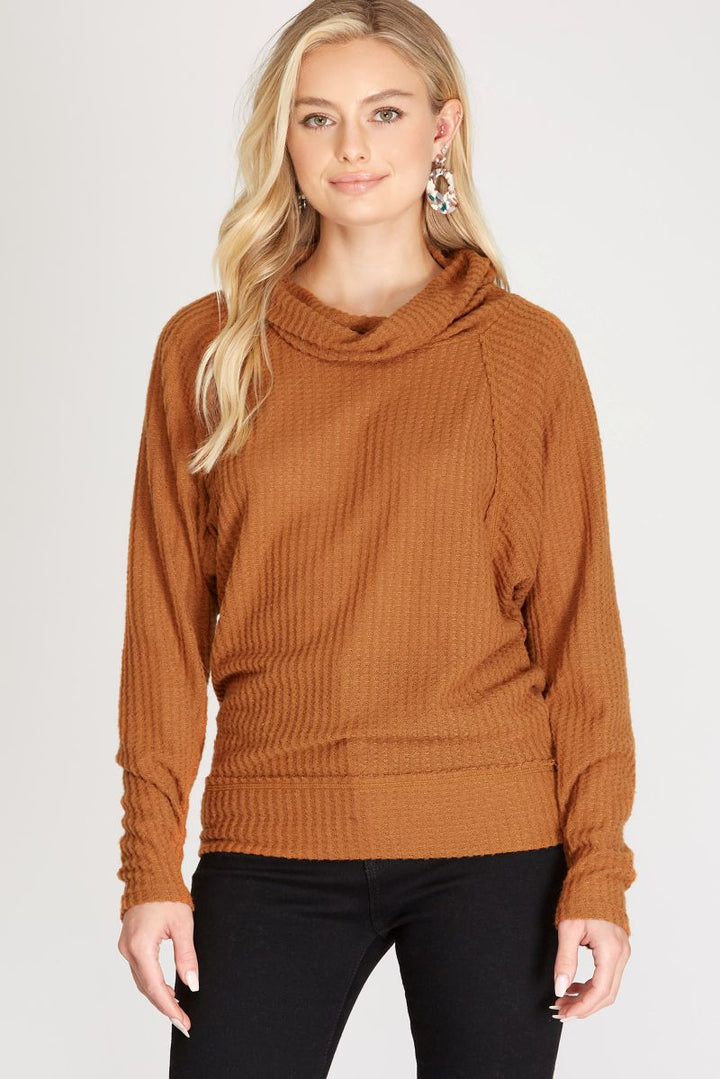 CARAMEL COWL NECK BRUSHED KNIT LONG SLEEVES TOP
