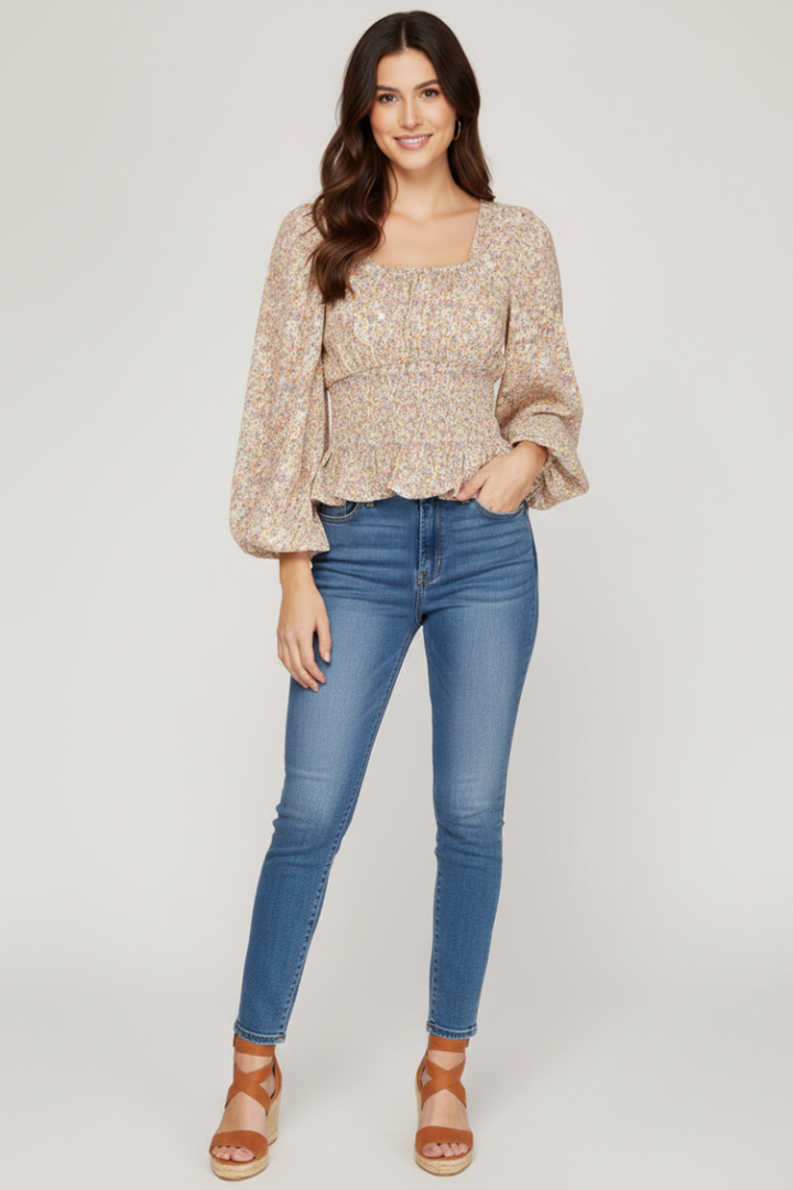 SQUARE NECK PUFF LONG SLEEVES SMOCKED WOVEN TOP SKSS7880.