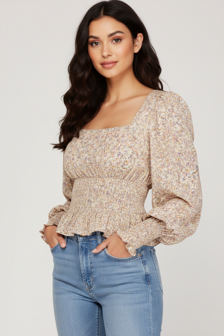 SQUARE NECK PUFF LONG SLEEVES SMOCKED WOVEN TOP SKSS7880.
