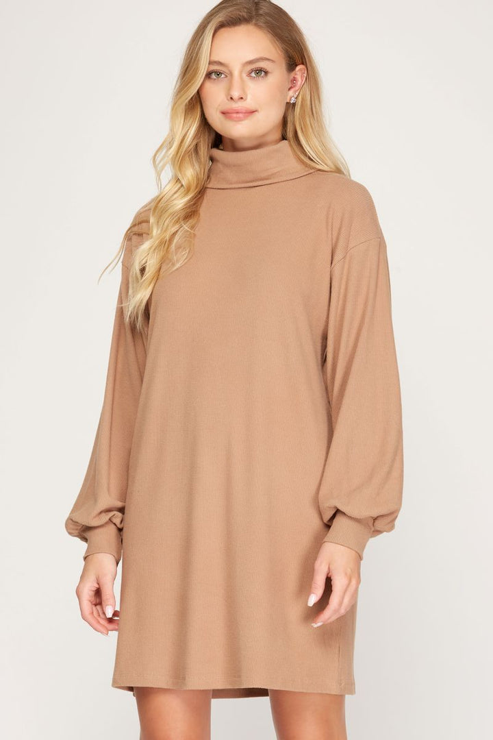 TAUPE BRUSHED KNIT TURTLENECK MINI DRESS SKSS7643
