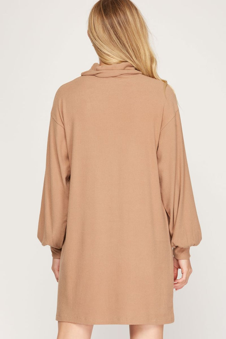 TAUPE BRUSHED KNIT TURTLENECK MINI DRESS SKSS7643