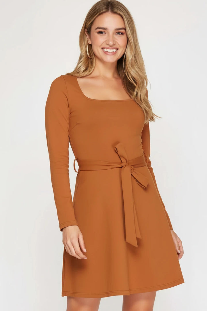 SQUARE NECK STRETCH KNIT AND FLARE W/WAIST SASH MINI DRESS SKSS7911-