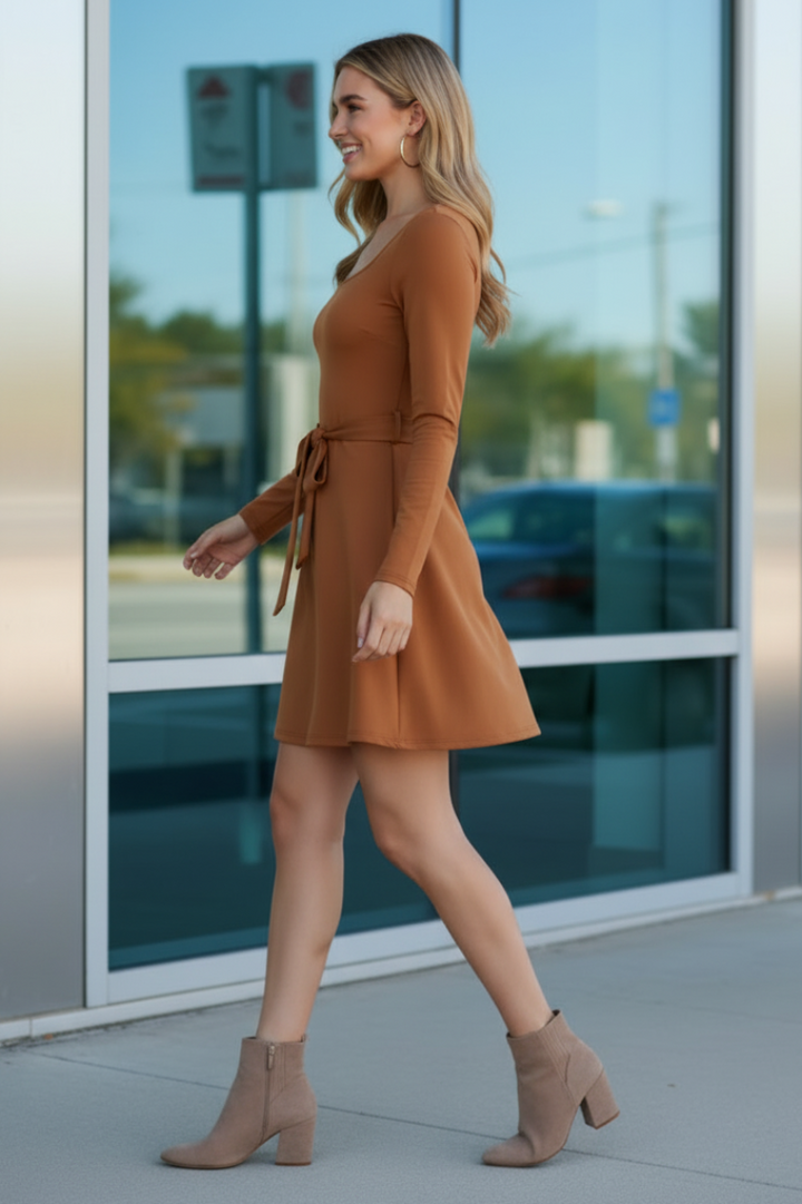SQUARE NECK STRETCH KNIT AND FLARE W/WAIST SASH MINI DRESS SKSS7911-