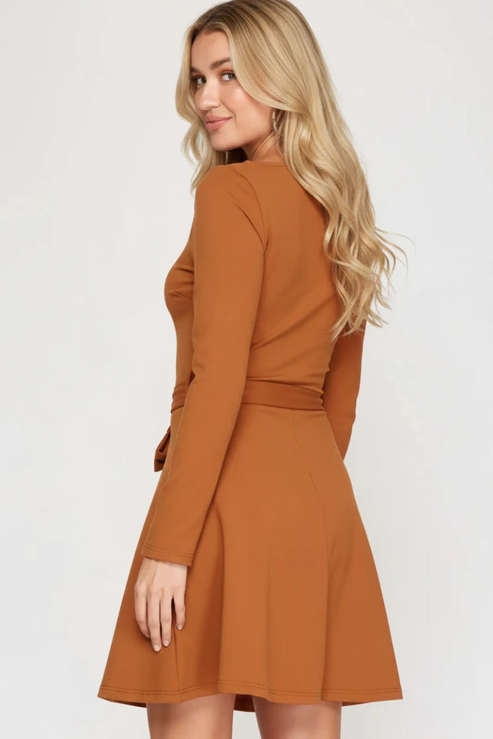 SQUARE NECK STRETCH KNIT AND FLARE W/WAIST SASH MINI DRESS SKSS7911-