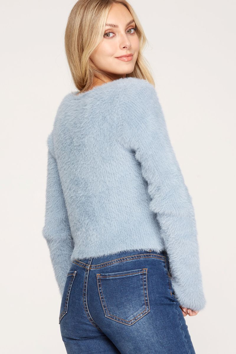 MISTY BLUE FUZZY KNIT TIED SWEATER CARDIGAN SKSS8054