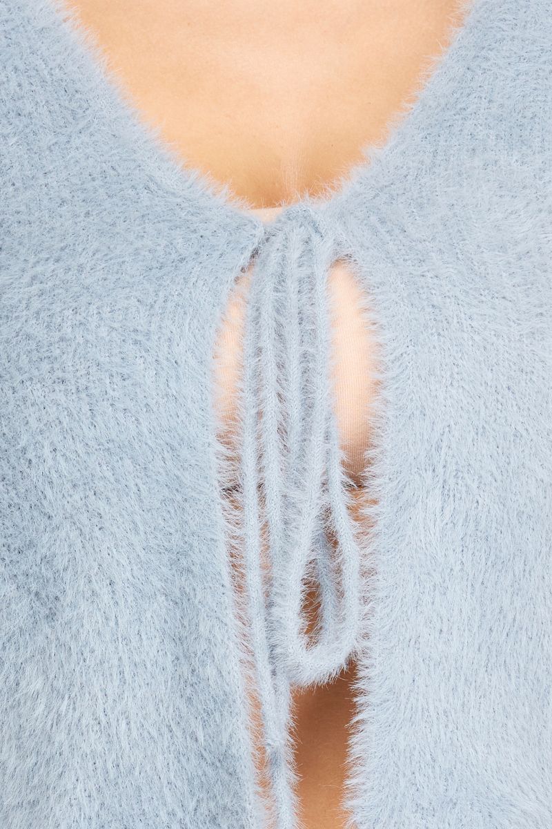 MISTY BLUE FUZZY KNIT TIED SWEATER CARDIGAN SKSS8054
