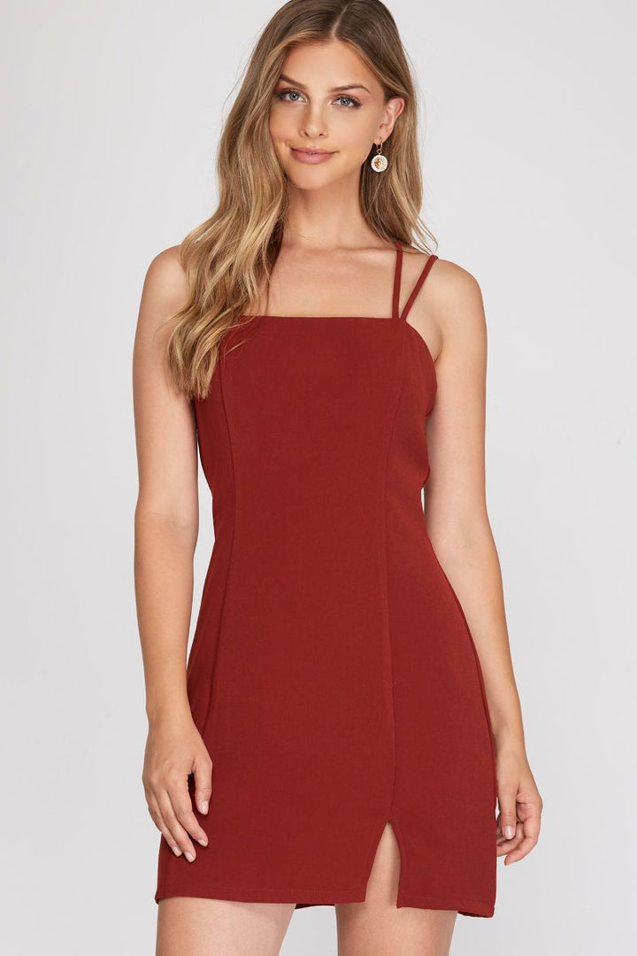 BRICK DOUBLE STRAP W/ SIDE SLIT WOVEN MINI DRESS SKSS8121