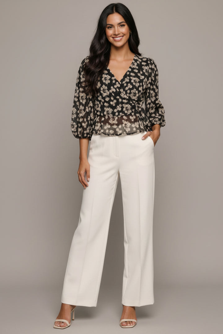 BLACK FLORAL PRINT 3/4 BUBBLE SLEEVES SURPLICE WOVEN TOP SKSS8171.