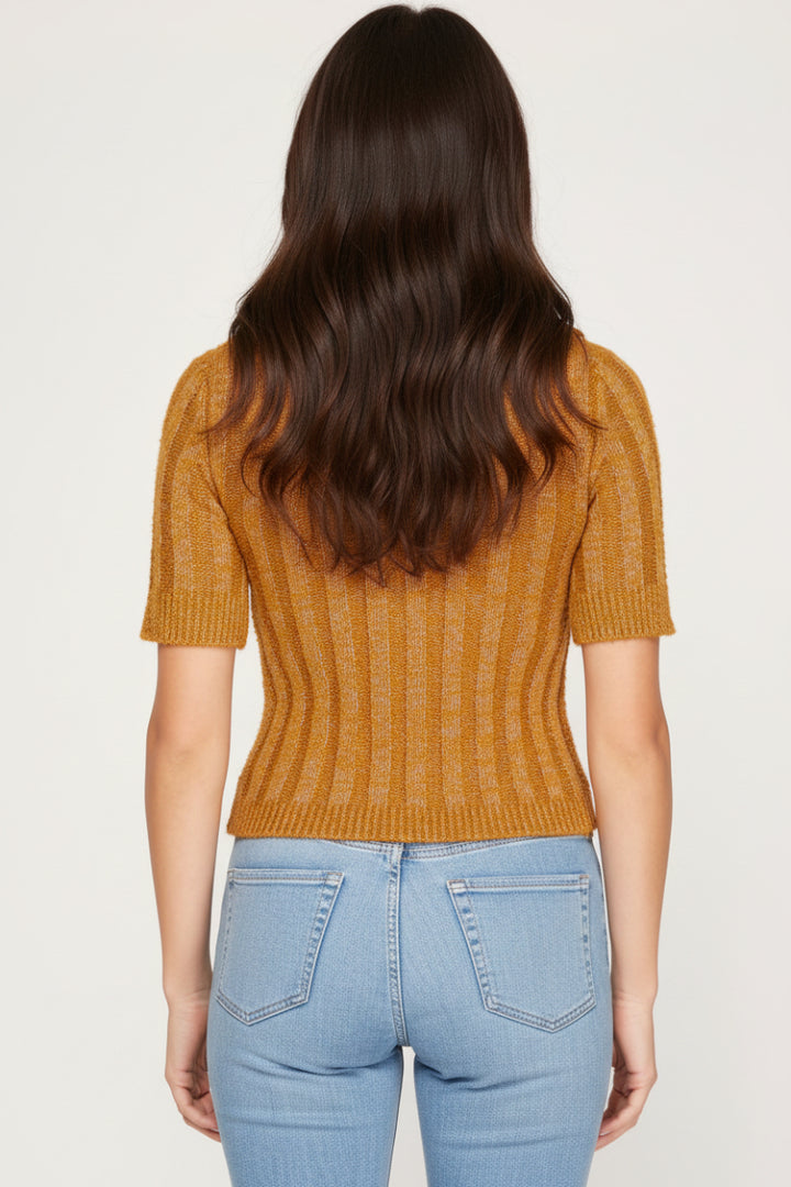 GREY COLLARED SHORT SLEEVES CROPPED KNIT TOP SKSS8236.