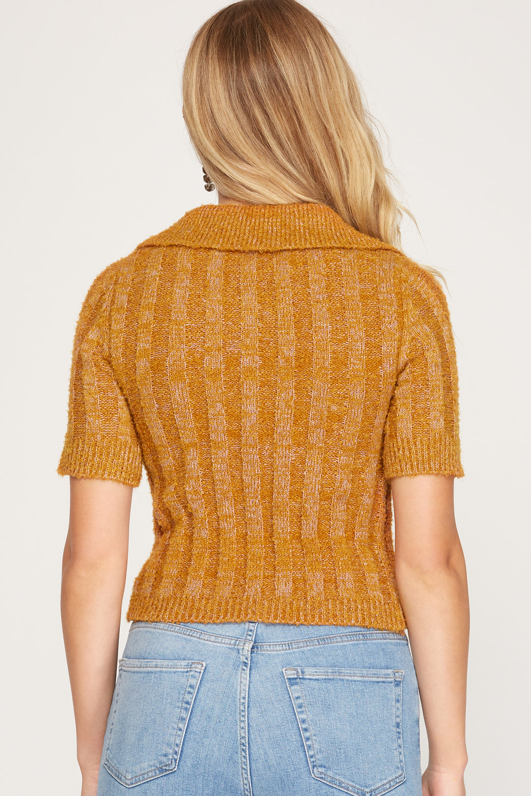 CARAMEL COLLARED SHORT SLEEVES CROPPED KNIT TOP S8SS8236