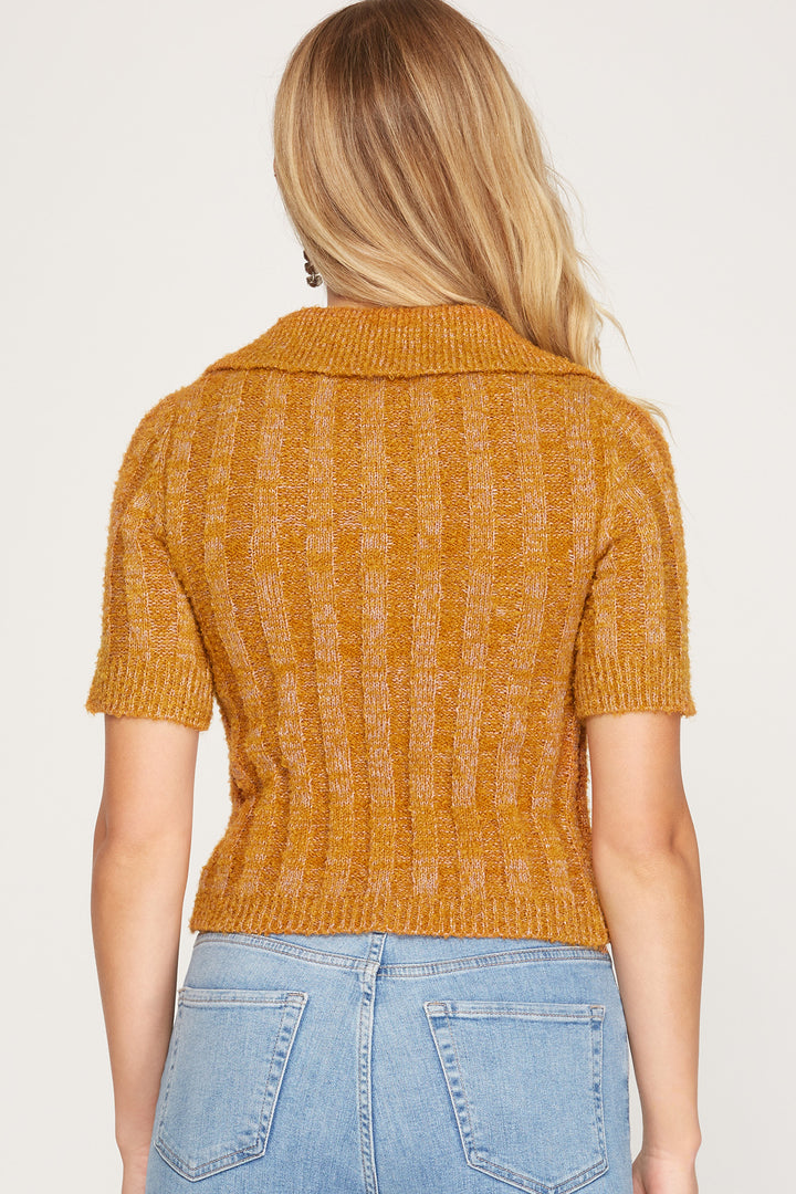 CARAMEL COLLARED SHORT SLEEVES CROPPED KNIT TOP S8SS8236