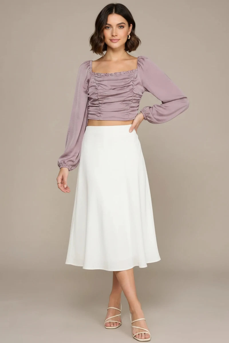 BLACK SATIN LONG SLEEVES RUCHED W/SMOCKED BACK DETAILED TOP.