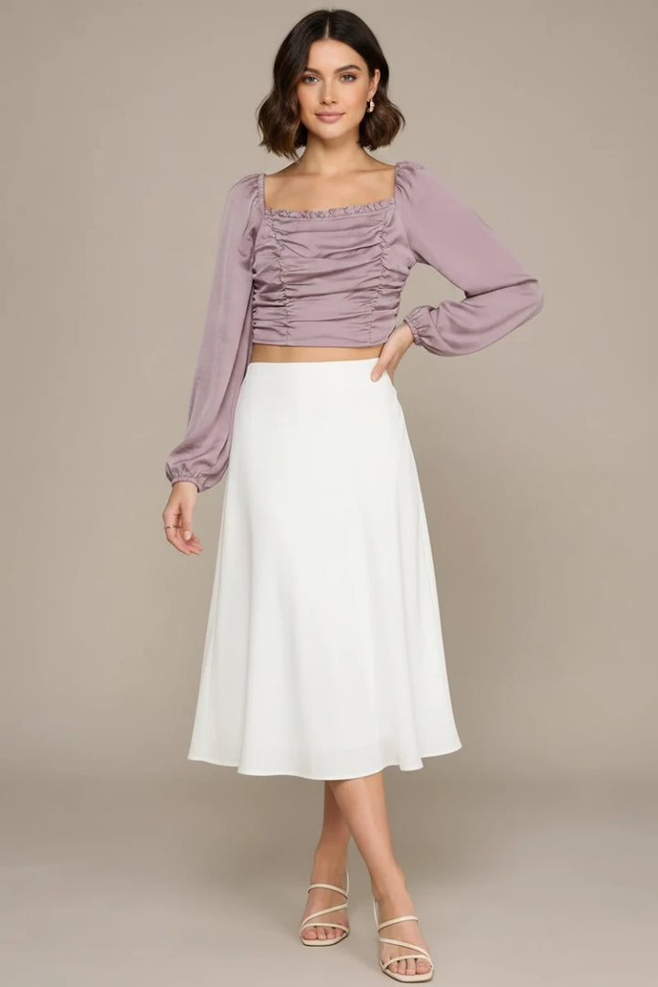 BLACK SATIN LONG SLEEVES RUCHED W/SMOCKED BACK DETAILED TOP.